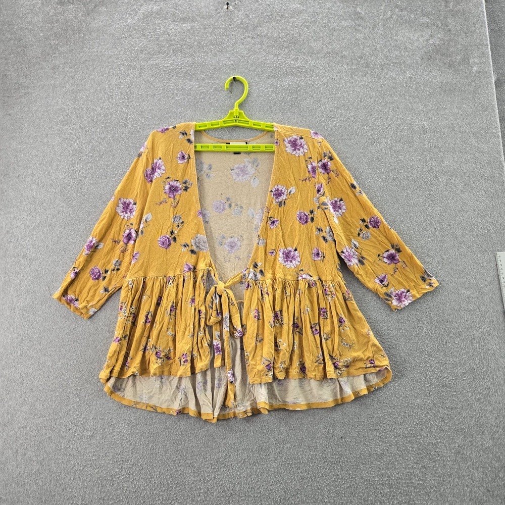 Torrid Women Blouse 2 Yellow Floral Peplum Babydoll Ruffle Scoop Neck Pullover